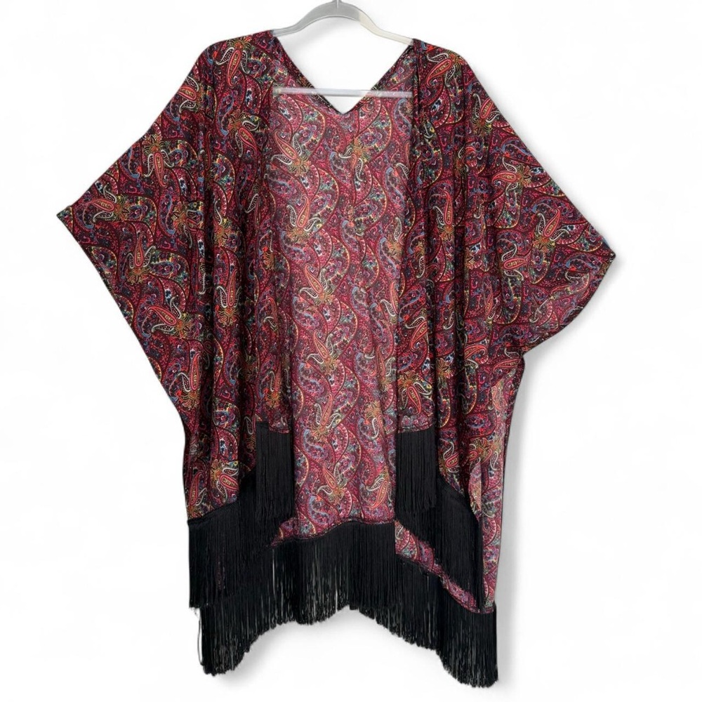Paisley print poncho/ shawl kimono with black fringe trim festival hippie rave